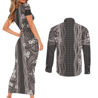 Hawaiian Art Flower Tribal with Lei Couples Matching Short Sleeve Bodycon Dress and Long Sleeve Button Shirt Palaka Pattern Grayscale LT03 - Polynesian Pride