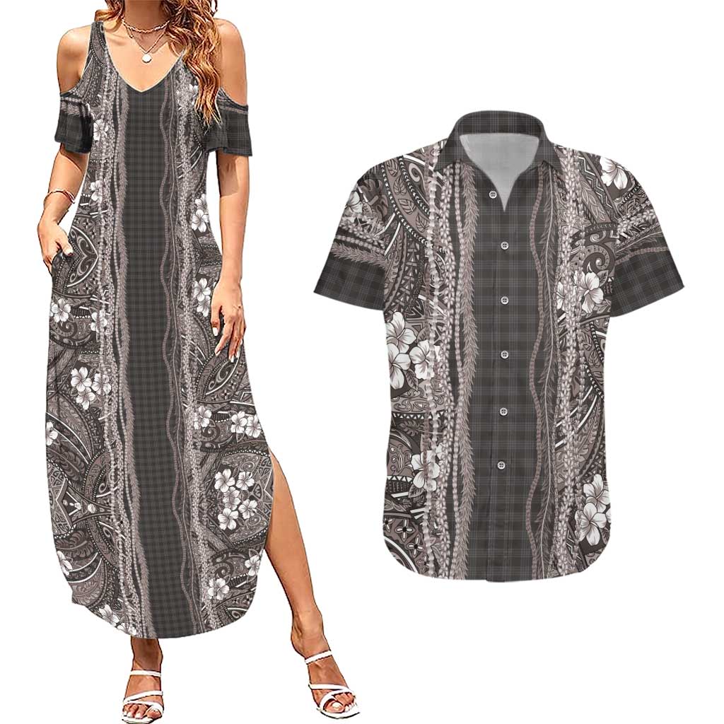 Hawaiian Art Flower Tribal with Lei Couples Matching Summer Maxi Dress and Hawaiian Shirt Palaka Pattern Grayscale LT03 Gray - Polynesian Pride