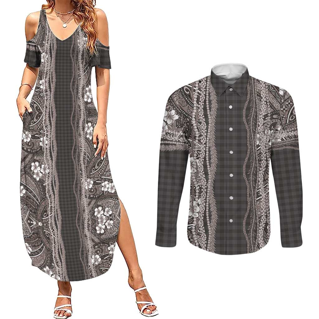Hawaiian Art Flower Tribal with Lei Couples Matching Summer Maxi Dress and Long Sleeve Button Shirt Palaka Pattern Grayscale LT03 Gray - Polynesian Pride