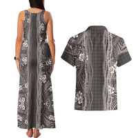 Hawaiian Art Flower Tribal with Lei Couples Matching Tank Maxi Dress and Hawaiian Shirt Palaka Pattern Grayscale LT03 - Polynesian Pride