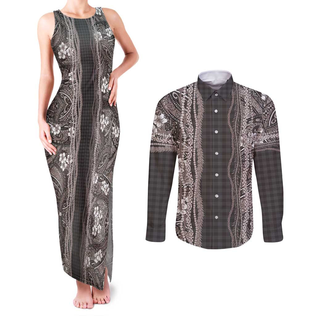 Hawaiian Art Flower Tribal with Lei Couples Matching Tank Maxi Dress and Long Sleeve Button Shirt Palaka Pattern Grayscale LT03 Gray - Polynesian Pride