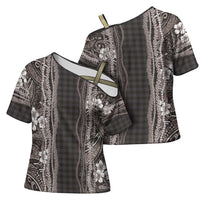 Hawaiian Art Flower Tribal with Lei Cross Shoulder Shirt Palaka Pattern Grayscale - Polynesian Pride