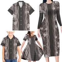 Hawaiian Art Flower Tribal with Lei Family Matching Long Sleeve Bodycon Dress and Hawaiian Shirt Palaka Pattern Grayscale LT03 - Polynesian Pride