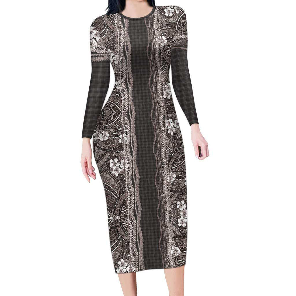 Hawaiian Art Flower Tribal with Lei Family Matching Long Sleeve Bodycon Dress and Hawaiian Shirt Palaka Pattern Grayscale LT03 Mom's Dress Gray - Polynesian Pride