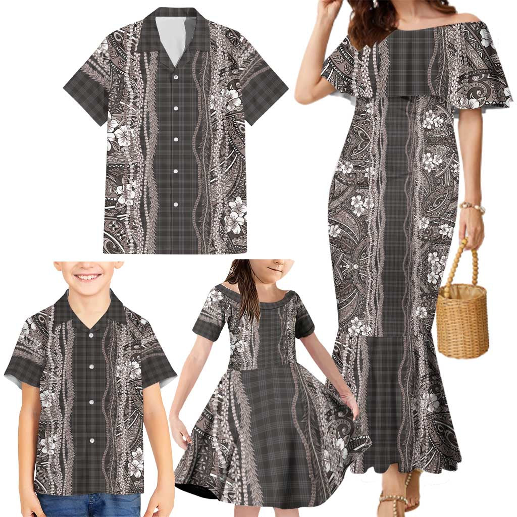 Hawaiian Art Flower Tribal with Lei Family Matching Mermaid Dress and Hawaiian Shirt Palaka Pattern Grayscale LT03 - Polynesian Pride
