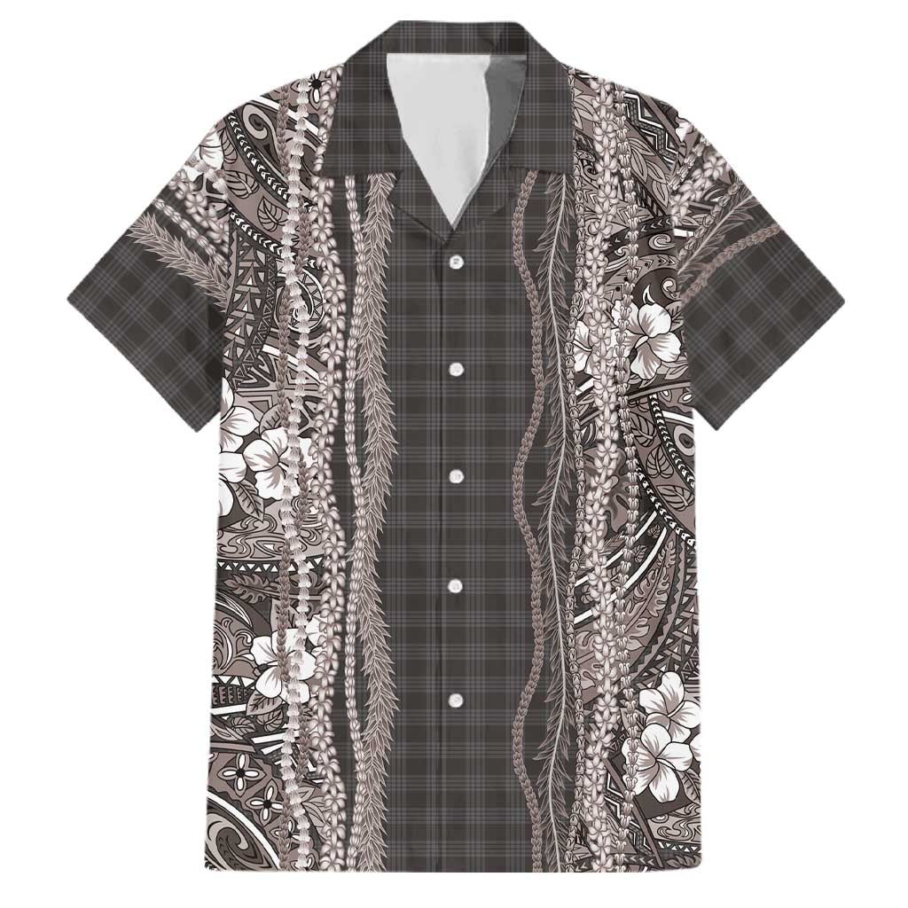 Hawaiian Art Flower Tribal with Lei Family Matching Mermaid Dress and Hawaiian Shirt Palaka Pattern Grayscale LT03 Dad's Shirt - Short Sleeve Gray - Polynesian Pride
