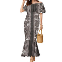 Hawaiian Art Flower Tribal with Lei Family Matching Mermaid Dress and Hawaiian Shirt Palaka Pattern Grayscale LT03 Mom's Dress Gray - Polynesian Pride