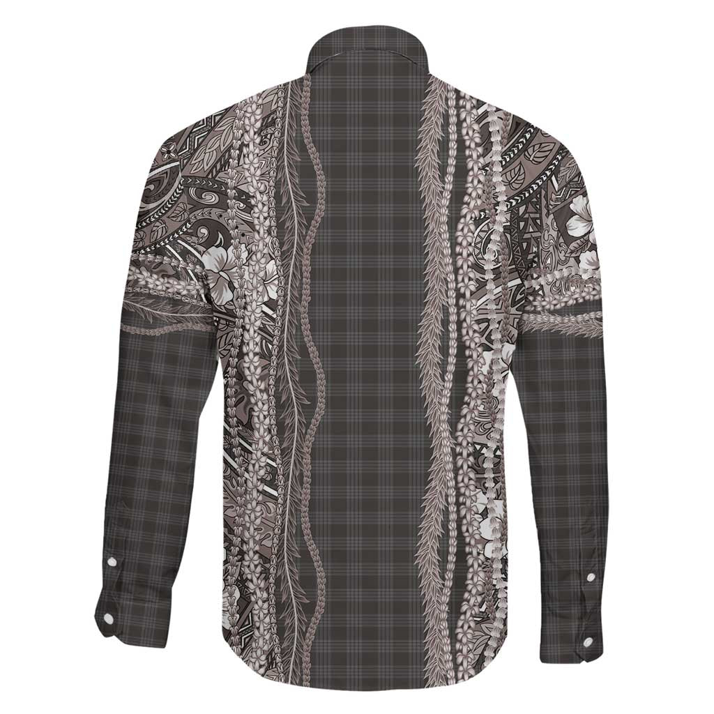 Hawaiian Art Flower Tribal with Lei Family Matching Off The Shoulder Long Sleeve Dress and Hawaiian Shirt Palaka Pattern Grayscale LT03 - Polynesian Pride