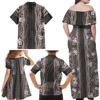 Hawaiian Art Flower Tribal with Lei Family Matching Off Shoulder Maxi Dress and Hawaiian Shirt Palaka Pattern Grayscale LT03 - Polynesian Pride