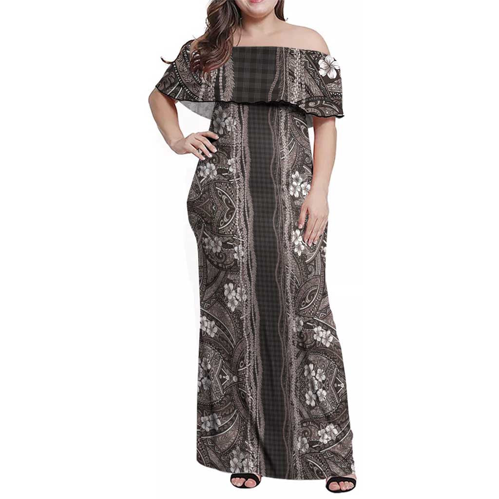 Hawaiian Art Flower Tribal with Lei Family Matching Off Shoulder Maxi Dress and Hawaiian Shirt Palaka Pattern Grayscale LT03 Mom's Dress Gray - Polynesian Pride