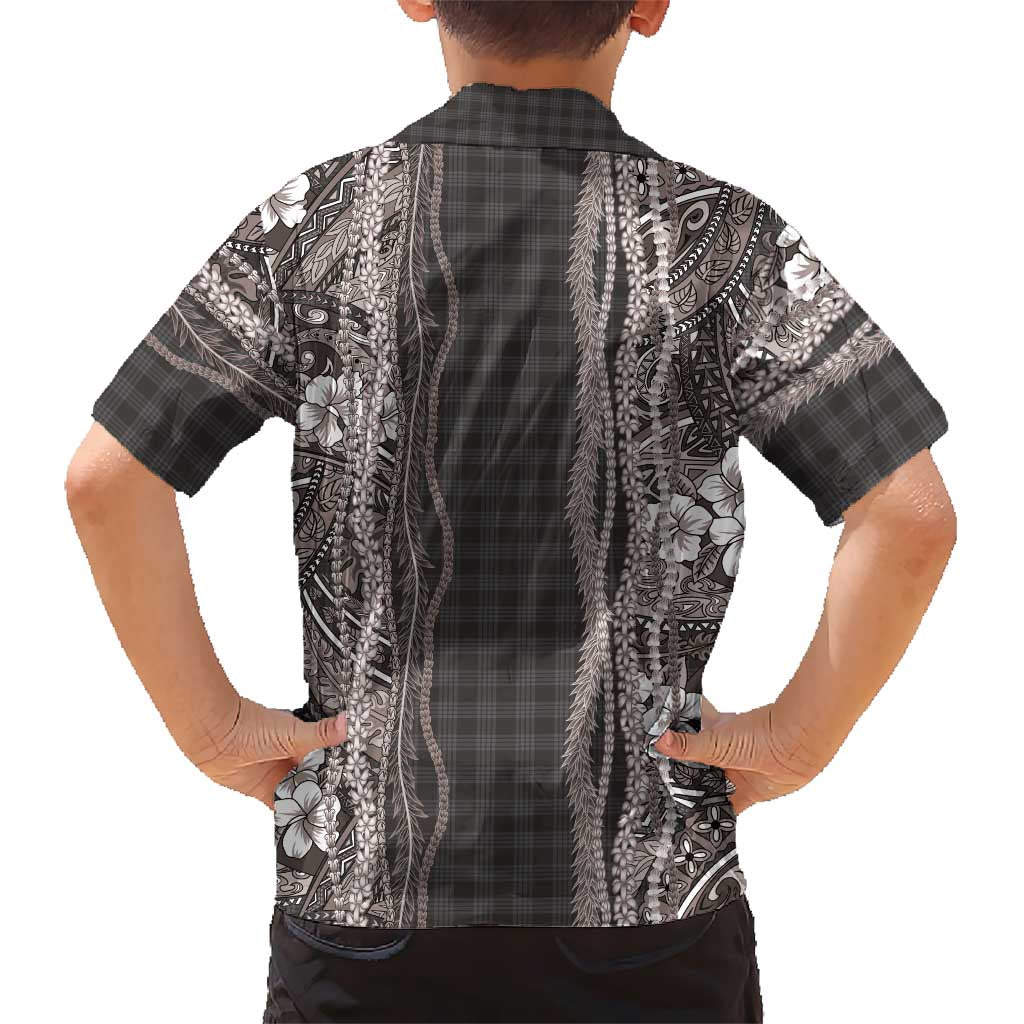 Hawaiian Art Flower Tribal with Lei Family Matching Off Shoulder Short Dress and Hawaiian Shirt Palaka Pattern Grayscale LT03 - Polynesian Pride