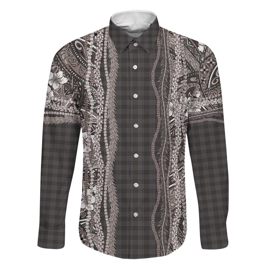 Hawaiian Art Flower Tribal with Lei Family Matching Off Shoulder Short Dress and Hawaiian Shirt Palaka Pattern Grayscale LT03 Dad's Shirt - Long Sleeve Gray - Polynesian Pride