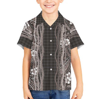 Hawaiian Art Flower Tribal with Lei Family Matching Off Shoulder Short Dress and Hawaiian Shirt Palaka Pattern Grayscale LT03 Son's Shirt Gray - Polynesian Pride