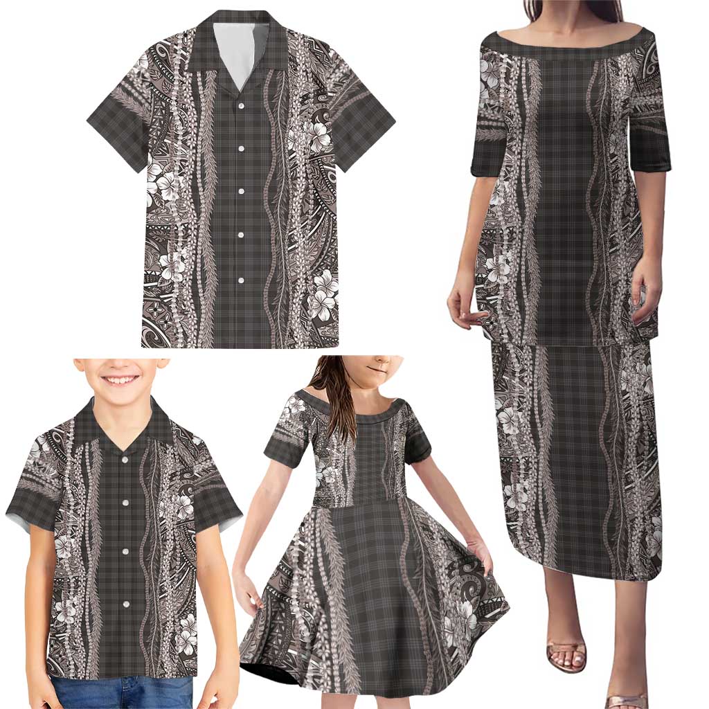 Hawaiian Art Flower Tribal with Lei Family Matching Puletasi and Hawaiian Shirt Palaka Pattern Grayscale LT03 - Polynesian Pride