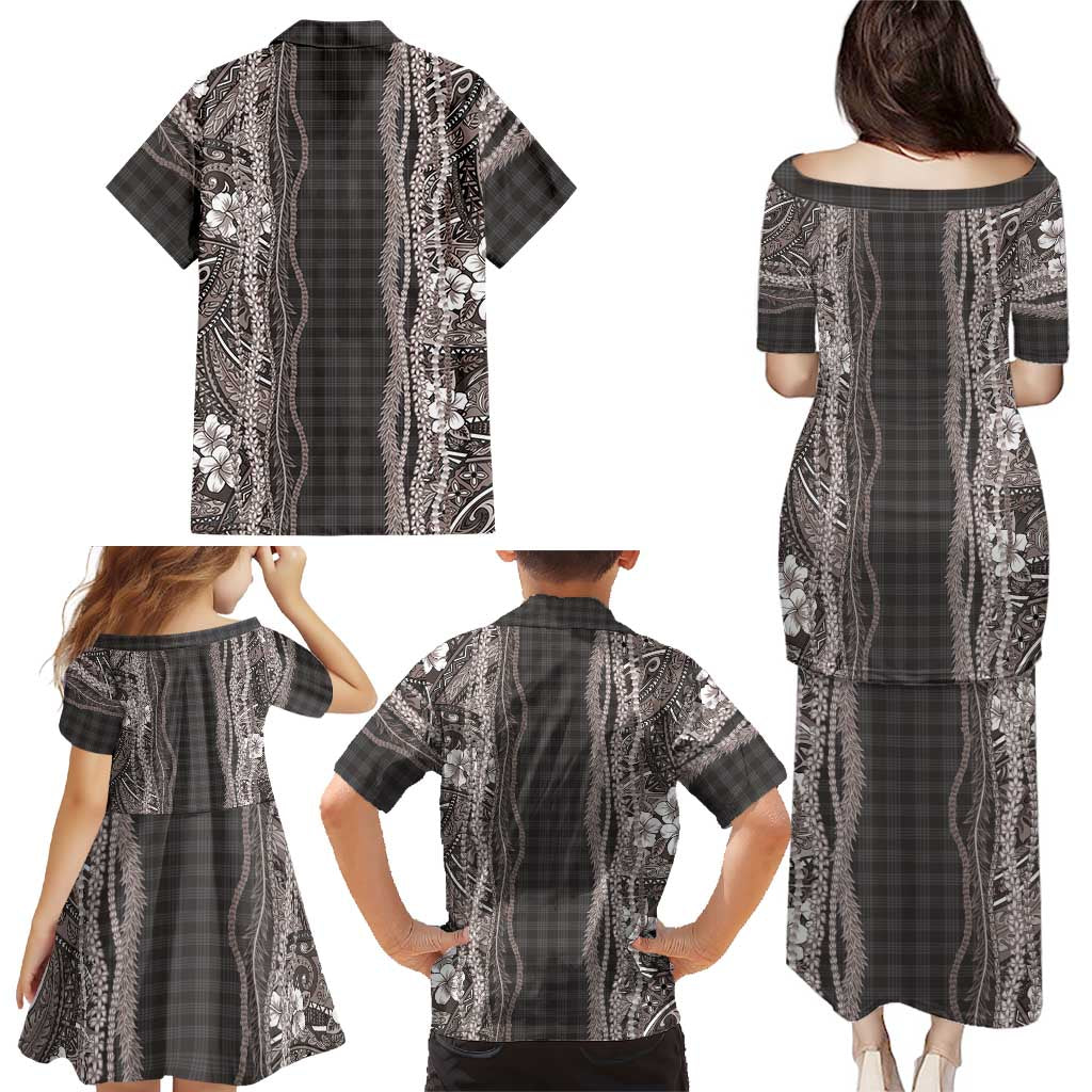 Hawaiian Art Flower Tribal with Lei Family Matching Puletasi and Hawaiian Shirt Palaka Pattern Grayscale LT03 - Polynesian Pride