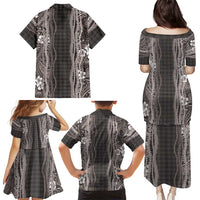 Hawaiian Art Flower Tribal with Lei Family Matching Puletasi and Hawaiian Shirt Palaka Pattern Grayscale LT03 - Polynesian Pride