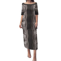 Hawaiian Art Flower Tribal with Lei Family Matching Puletasi and Hawaiian Shirt Palaka Pattern Grayscale LT03 Mom's Dress Gray - Polynesian Pride