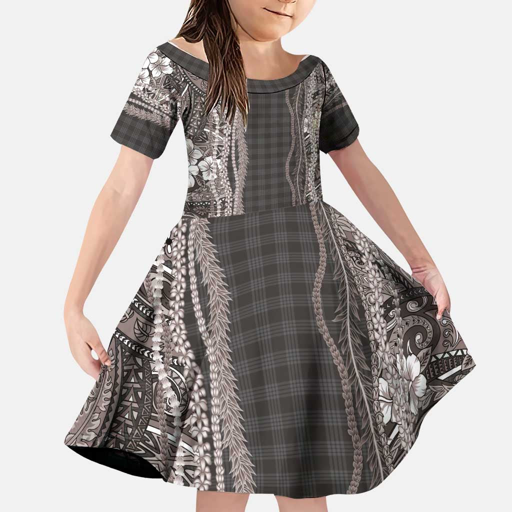 Hawaiian Art Flower Tribal with Lei Family Matching Tank Maxi Dress and Hawaiian Shirt Palaka Pattern Grayscale LT03 Daughter's Dress Gray - Polynesian Pride