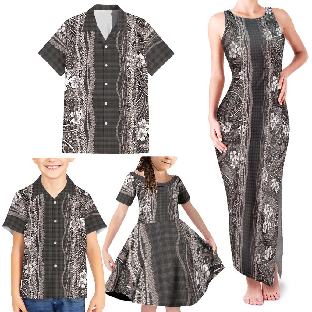 Hawaiian Art Flower Tribal with Lei Family Matching Tank Maxi Dress and Hawaiian Shirt Palaka Pattern Grayscale LT03 - Polynesian Pride
