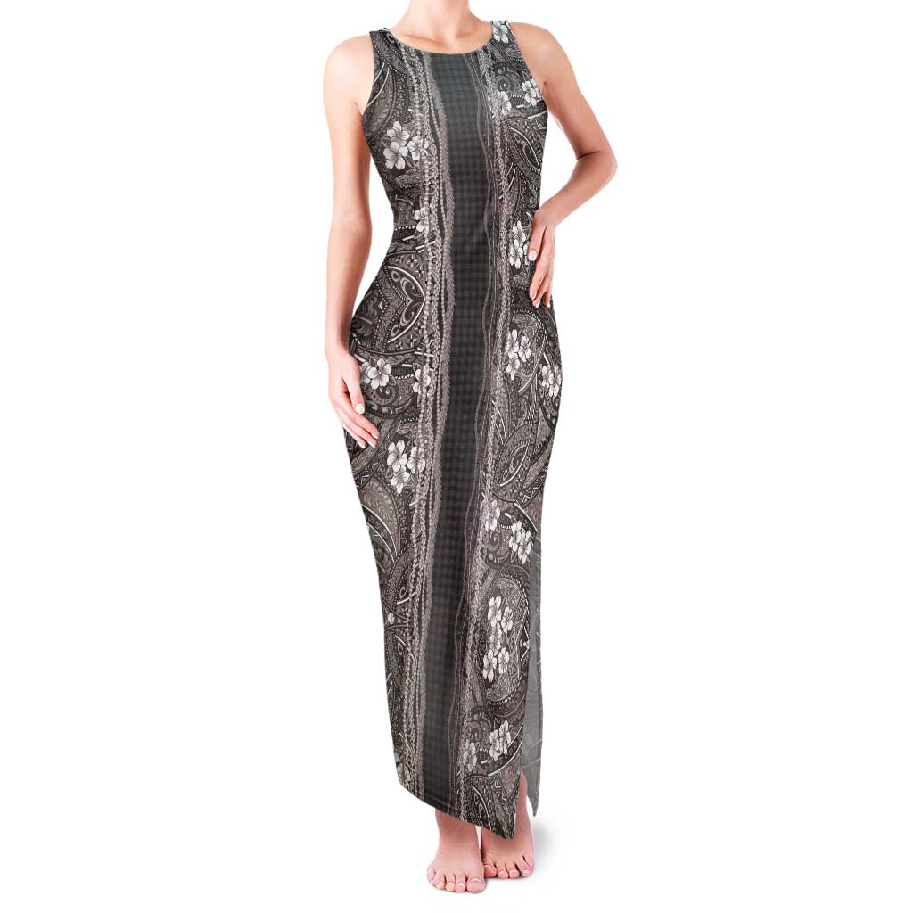Hawaiian Art Flower Tribal with Lei Family Matching Tank Maxi Dress and Hawaiian Shirt Palaka Pattern Grayscale LT03 Mom's Dress Gray - Polynesian Pride