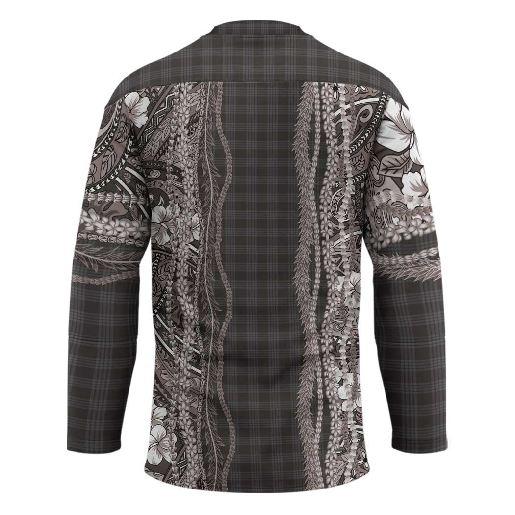 Hawaiian Art Flower Tribal with Lei Hockey Jersey Palaka Pattern Grayscale - Polynesian Pride