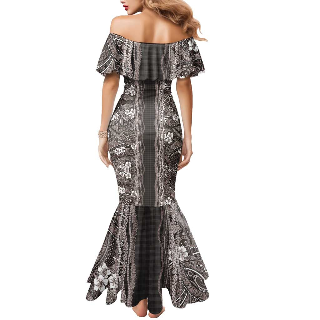 Hawaiian Art Flower Tribal with Lei Mermaid Dress Palaka Pattern Grayscale - Polynesian Pride