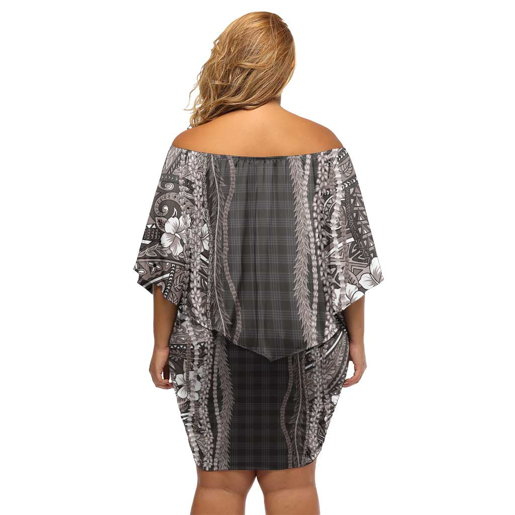 Hawaiian Art Flower Tribal with Lei Off Shoulder Short Dress Palaka Pattern Grayscale - Polynesian Pride