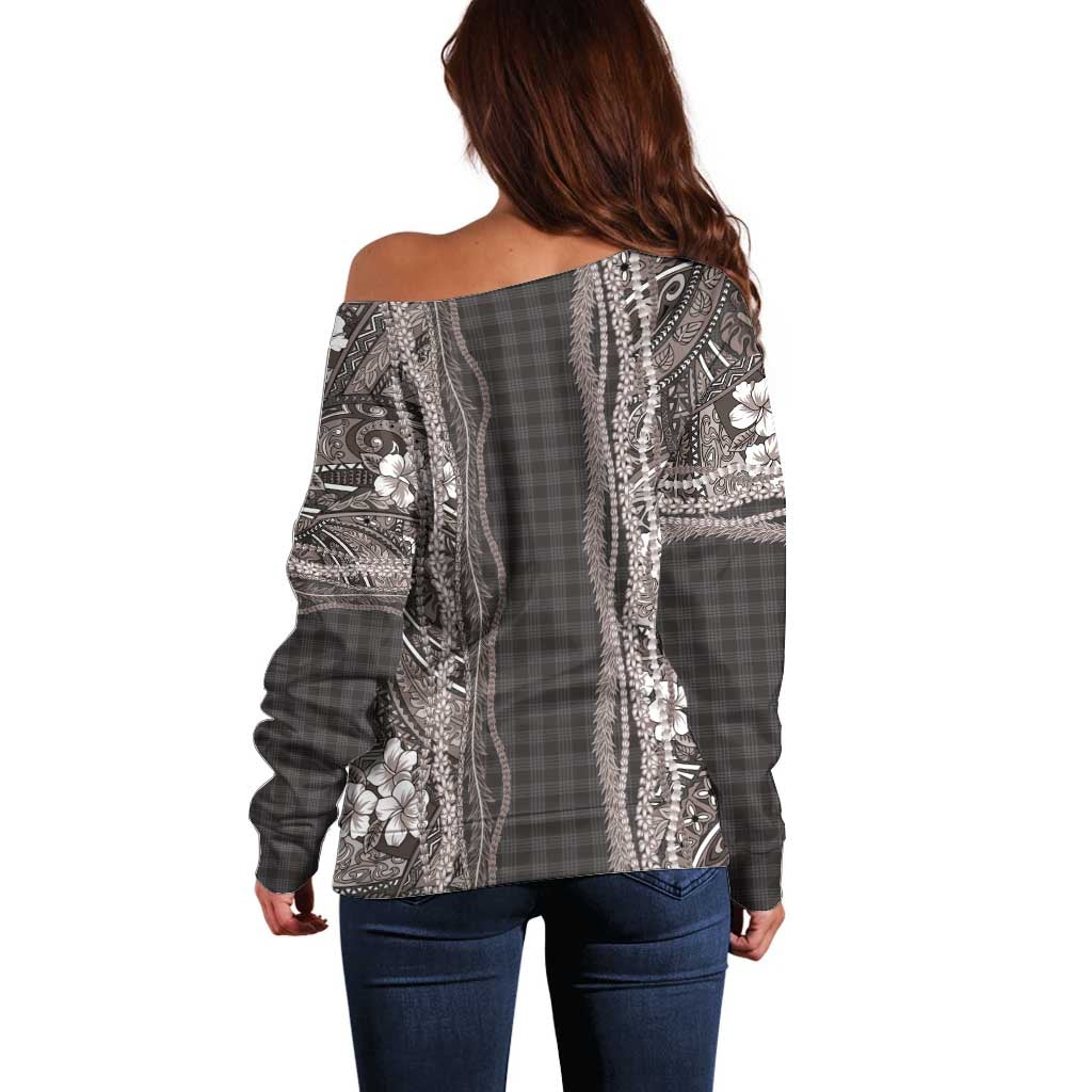 Hawaiian Art Flower Tribal with Lei Off Shoulder Sweater Palaka Pattern Grayscale - Polynesian Pride
