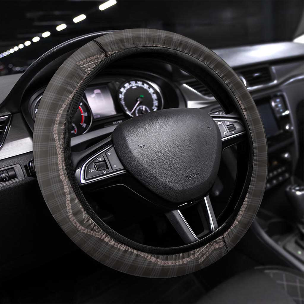 Hawaiian Art Flower Tribal with Lei Steering Wheel Cover Palaka Pattern Grayscale - Polynesian Pride