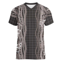 Hawaiian Art Flower Tribal with Lei Women V-Neck T-Shirt Palaka Pattern Grayscale - Polynesian Pride