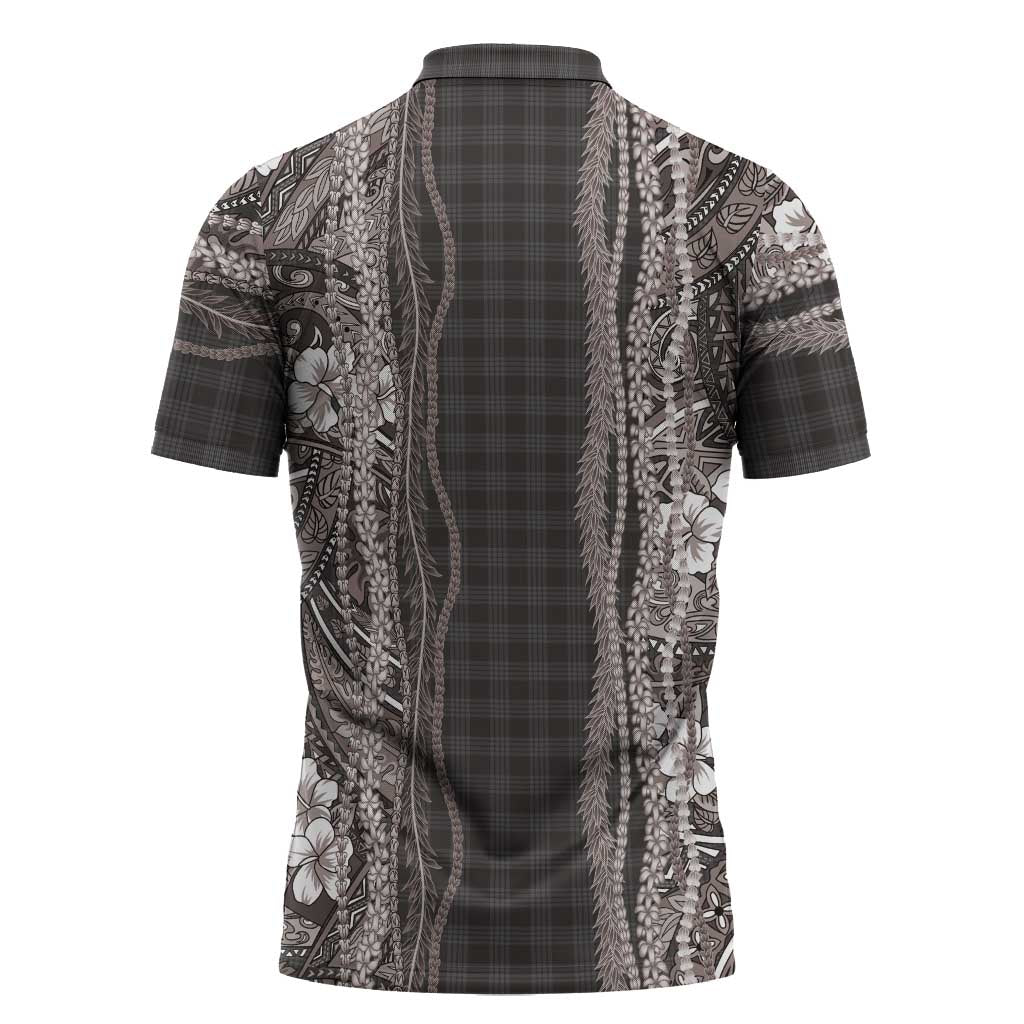 Hawaiian Art Flower Tribal with Lei Zipper Polo Shirt Palaka Pattern Grayscale - Polynesian Pride