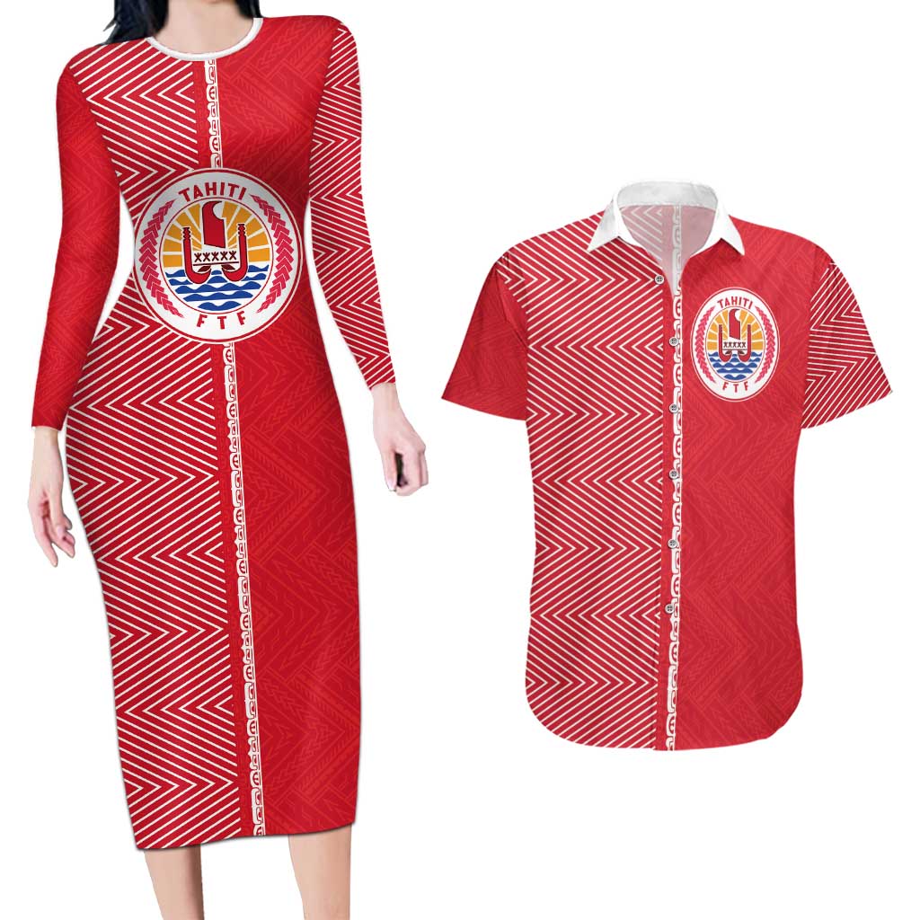 Custom Tahiti Football-Iron Warriors Couples Matching Long Sleeve Bodycon Dress and Hawaiian Shirt LT03 Red - Polynesian Pride