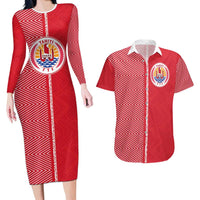 Custom Tahiti Football-Iron Warriors Couples Matching Long Sleeve Bodycon Dress and Hawaiian Shirt LT03 Red - Polynesian Pride