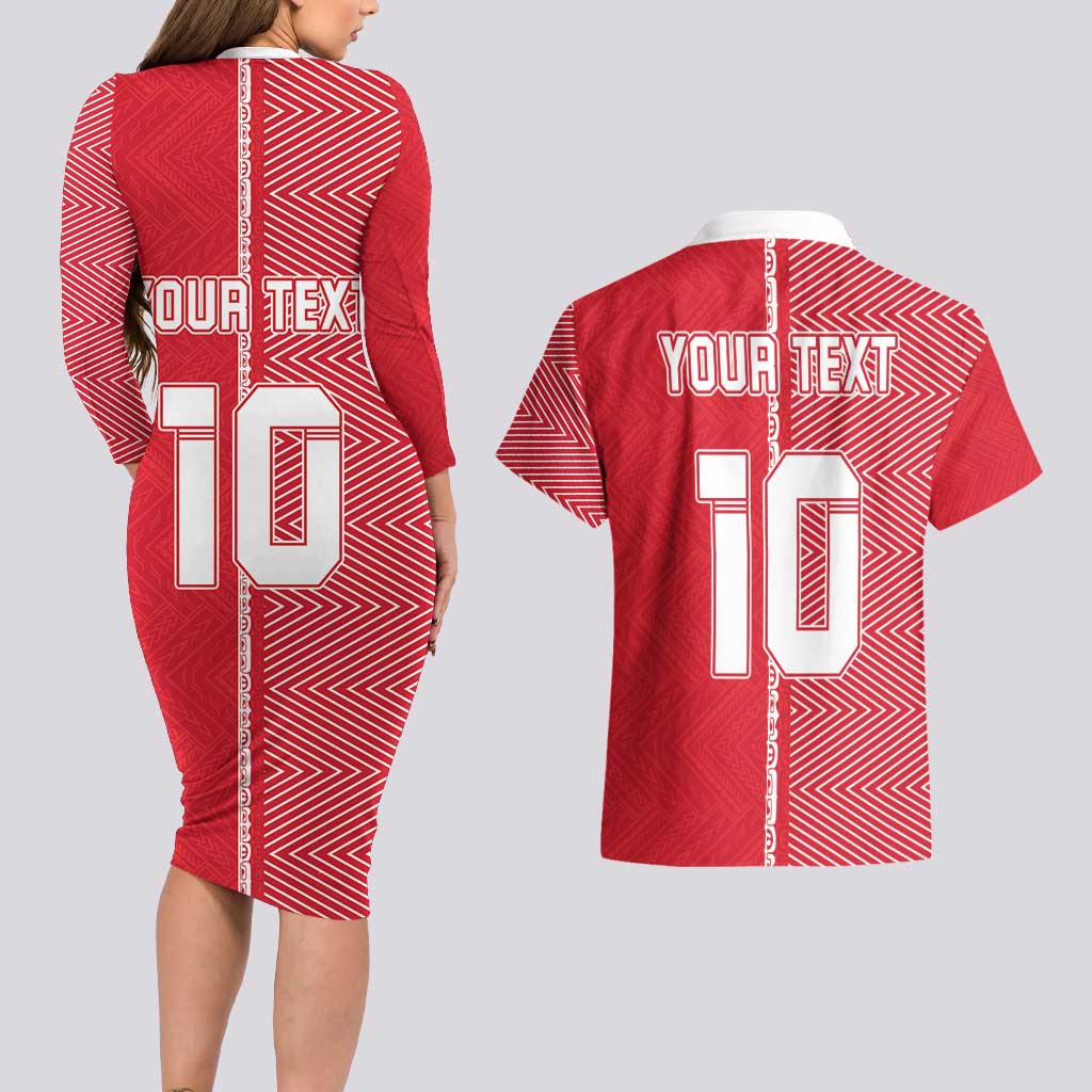 Custom Tahiti Football-Iron Warriors Couples Matching Long Sleeve Bodycon Dress and Hawaiian Shirt LT03 - Polynesian Pride
