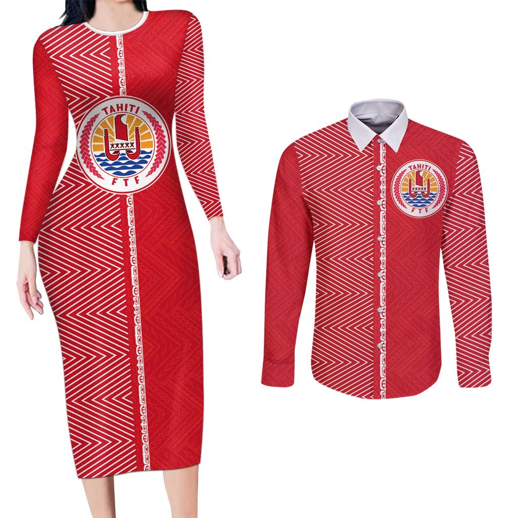 Custom Tahiti Football-Iron Warriors Couples Matching Long Sleeve Bodycon Dress and Long Sleeve Button Shirt LT03 Red - Polynesian Pride