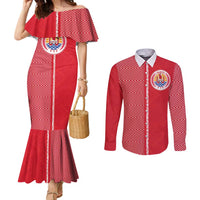 Custom Tahiti Football-Iron Warriors Couples Matching Mermaid Dress and Long Sleeve Button Shirt LT03 Red - Polynesian Pride