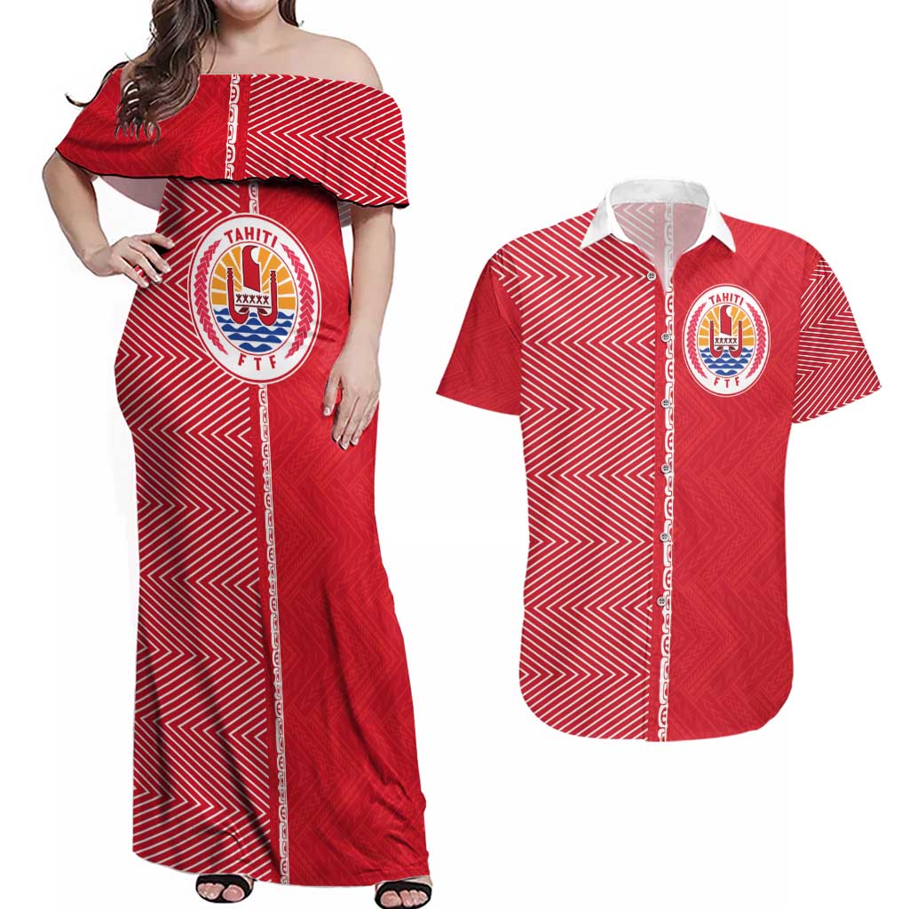 Custom Tahiti Football-Iron Warriors Couples Matching Off Shoulder Maxi Dress and Hawaiian Shirt LT03 Red - Polynesian Pride