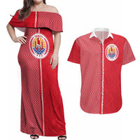 Custom Tahiti Football-Iron Warriors Couples Matching Off Shoulder Maxi Dress and Hawaiian Shirt LT03 Red - Polynesian Pride