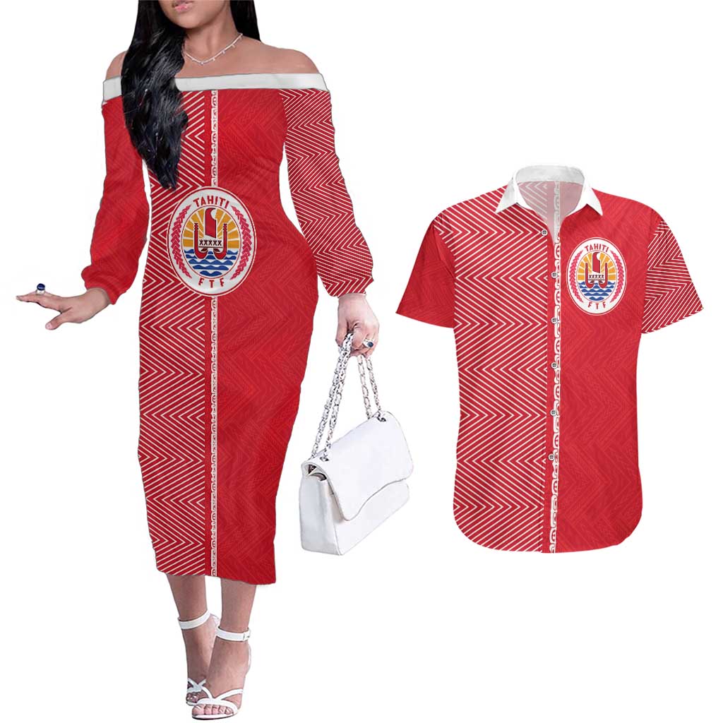 Custom Tahiti Football-Iron Warriors Couples Matching Off The Shoulder Long Sleeve Dress and Hawaiian Shirt LT03 Red - Polynesian Pride