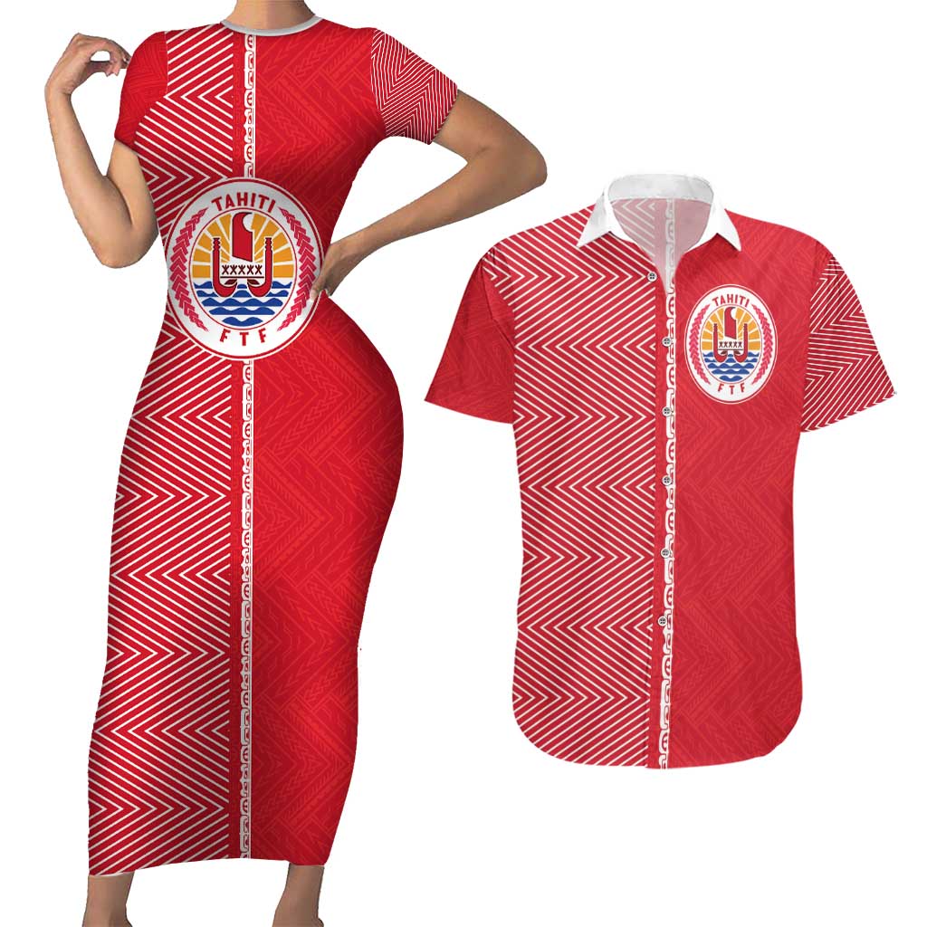 Custom Tahiti Football-Iron Warriors Couples Matching Short Sleeve Bodycon Dress and Hawaiian Shirt LT03 Red - Polynesian Pride