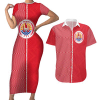 Custom Tahiti Football-Iron Warriors Couples Matching Short Sleeve Bodycon Dress and Hawaiian Shirt LT03 Red - Polynesian Pride