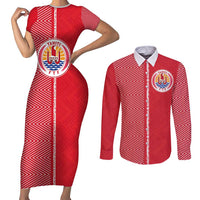 Custom Tahiti Football-Iron Warriors Couples Matching Short Sleeve Bodycon Dress and Long Sleeve Button Shirt LT03 Red - Polynesian Pride