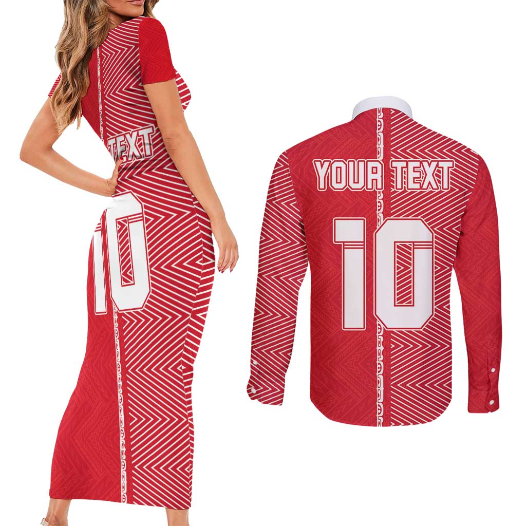 Custom Tahiti Football-Iron Warriors Couples Matching Short Sleeve Bodycon Dress and Long Sleeve Button Shirt LT03 - Polynesian Pride