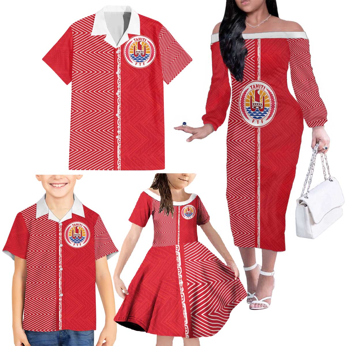 Custom Tahiti Football-Iron Warriors Family Matching Off The Shoulder Long Sleeve Dress and Hawaiian Shirt LT03 - Polynesian Pride