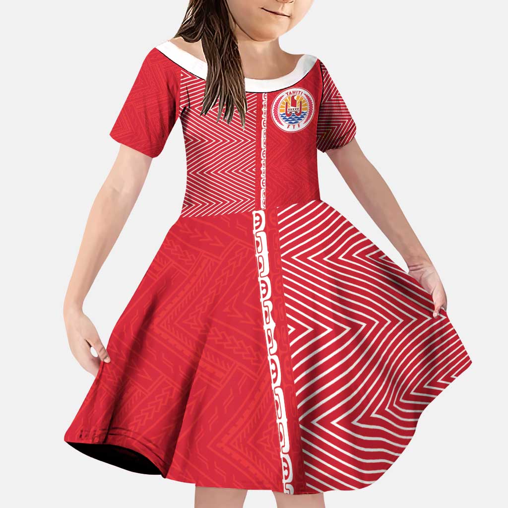 Custom Tahiti Football-Iron Warriors Family Matching Puletasi and Hawaiian Shirt LT03 Daughter's Dress Red - Polynesian Pride