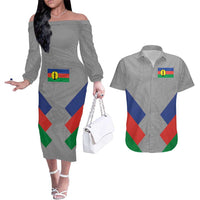 Custom New Caledonia-The Kagus Couples Matching Off The Shoulder Long Sleeve Dress and Hawaiian Shirt LT03 Gray - Polynesian Pride