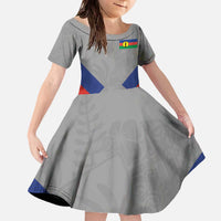 Custom New Caledonia-The Kagus Family Matching Off The Shoulder Long Sleeve Dress and Hawaiian Shirt LT03 Daughter's Dress Gray - Polynesian Pride