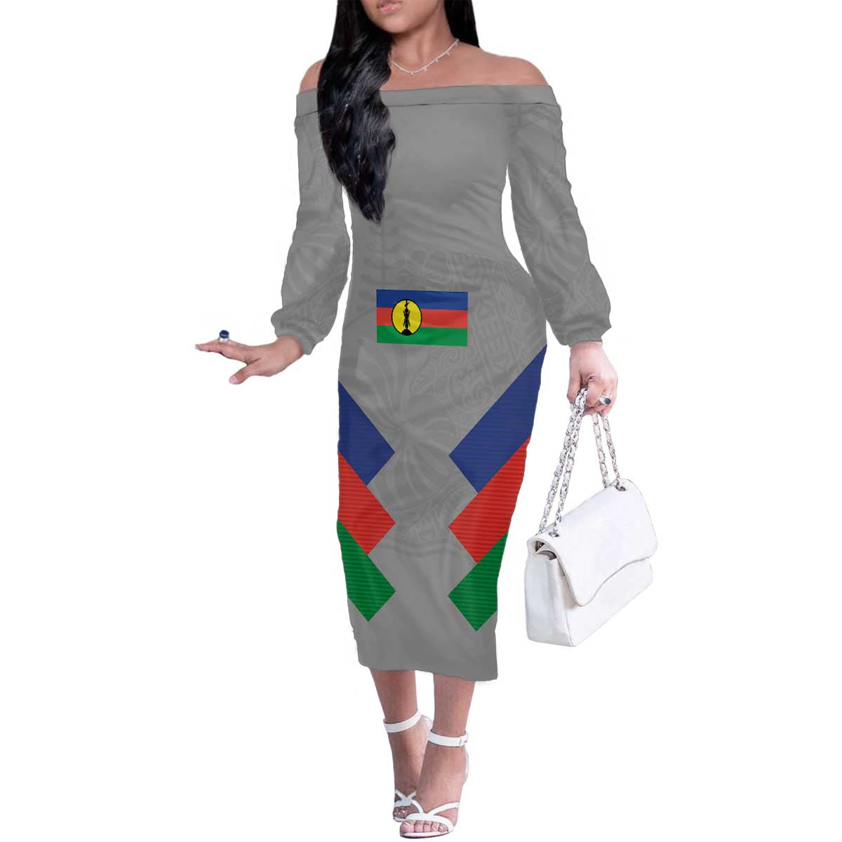 Custom New Caledonia-The Kagus Family Matching Off The Shoulder Long Sleeve Dress and Hawaiian Shirt LT03 Mom's Dress Gray - Polynesian Pride