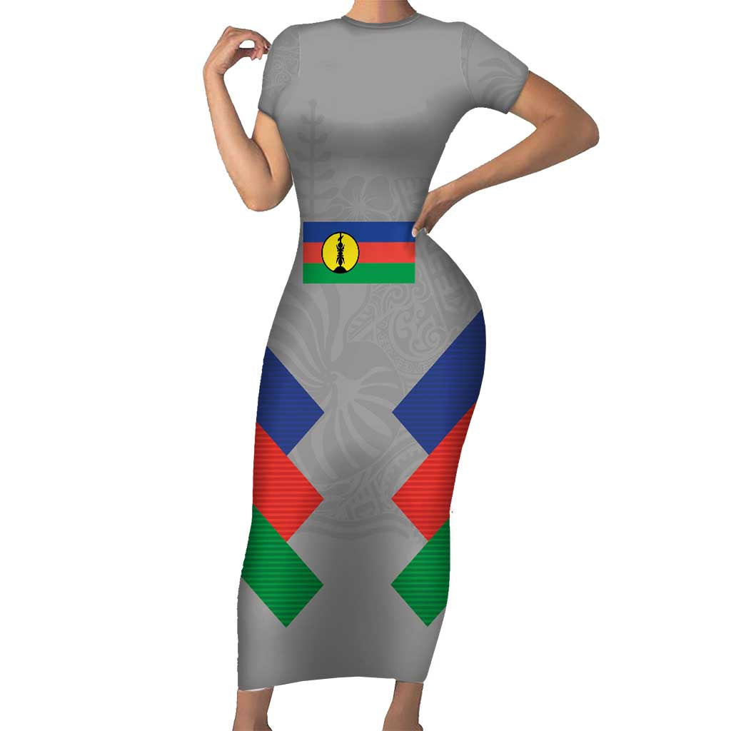 Custom New Caledonia-The Kagus Family Matching Short Sleeve Bodycon Dress and Hawaiian Shirt LT03 Mom's Dress Gray - Polynesian Pride