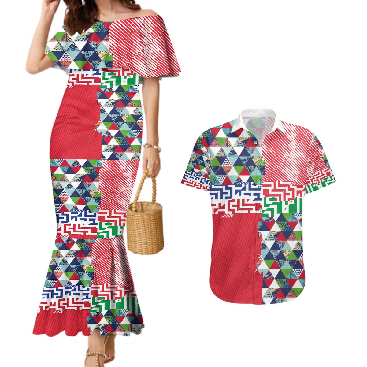 Hawaiian Floral Kakau Tropical Leaves-Sporty Style Couples Matching Mermaid Dress and Hawaiian Shirt LT03 Art - Polynesian Pride